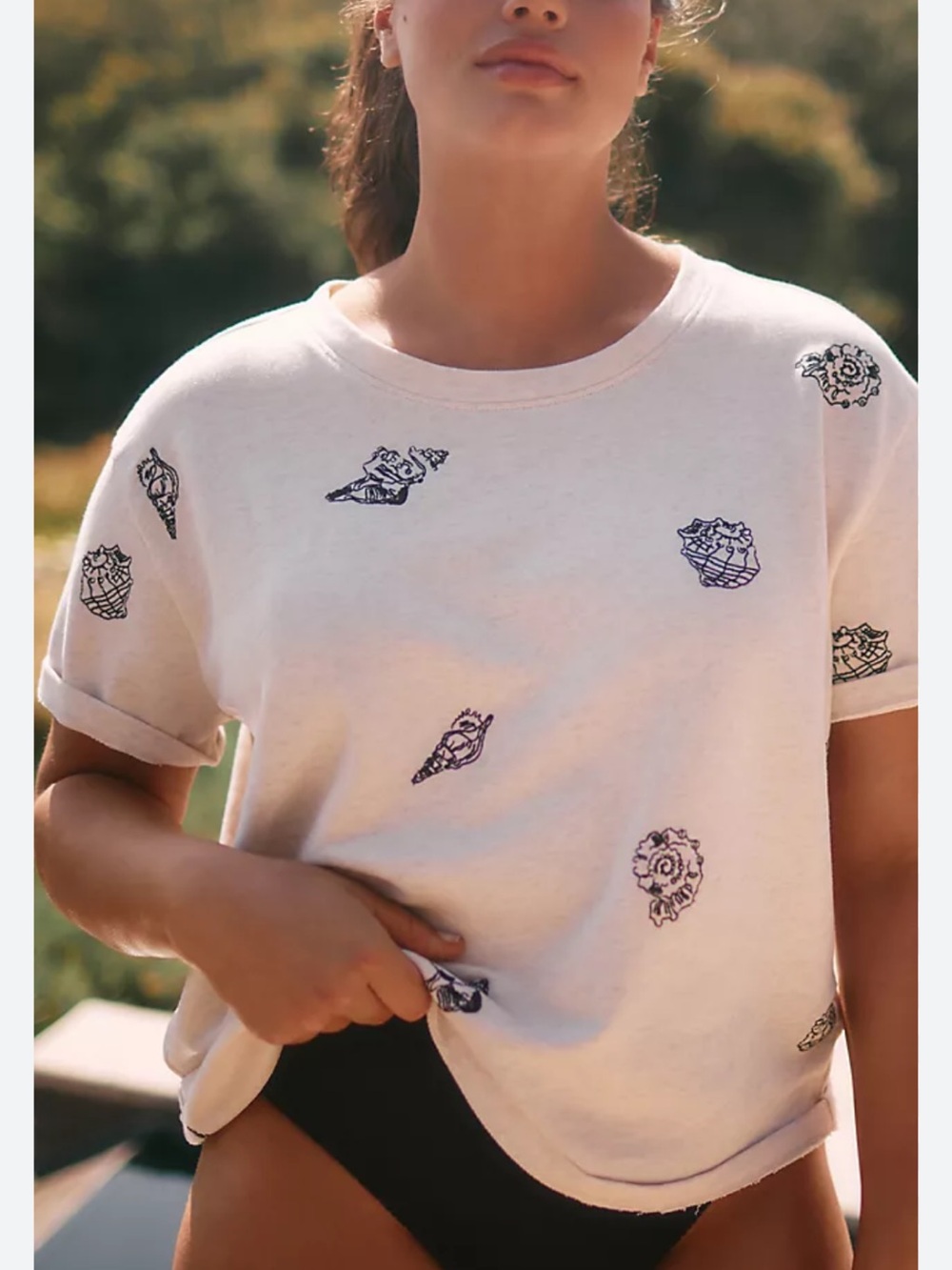 Maeve Cream Embroidered Short-Sleeve Sweatshirt Tee